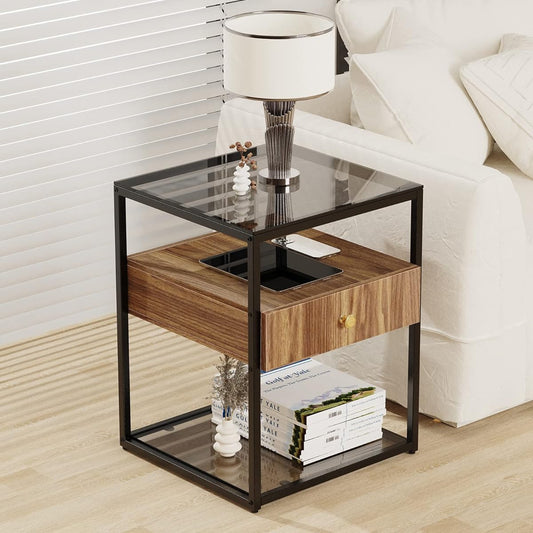 Artloge Side Table, Night Table, Drawer, Glass Bedside Table, Stylish, Next to Sofa, Next to Bed, Side Chest, Storage, Scandinavian, Compact, Width 43 x Depth 43 x Height 54 cm