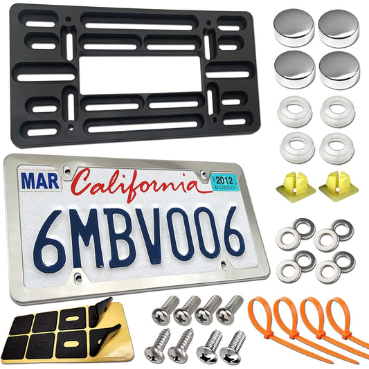 ZXFOOG Front Numbers Plate Mounting Kit -Front Bumper Rubber Plate Bracket & Stainless Steel Cataga Frame Universal Drill Hole No required vehicle/Truck/Trailer Screw Cap with Gala Prevention Pad
