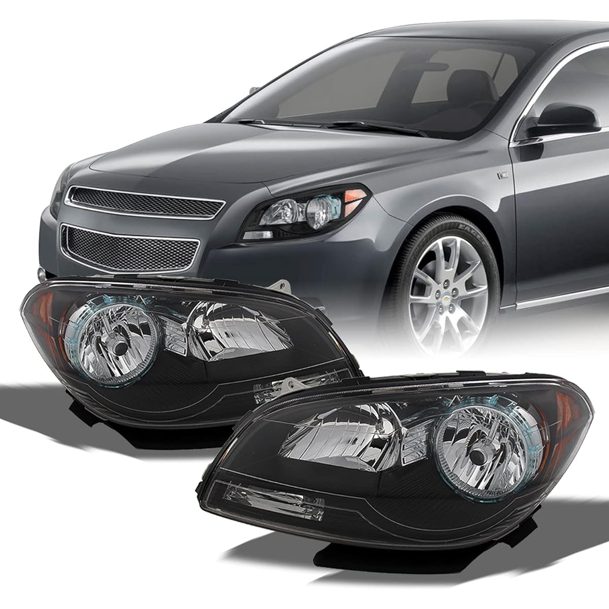 CHEVY MALIBU OE Replacement Black Bezel Headlight Driver/Suplane Seat Head Lamp Pair