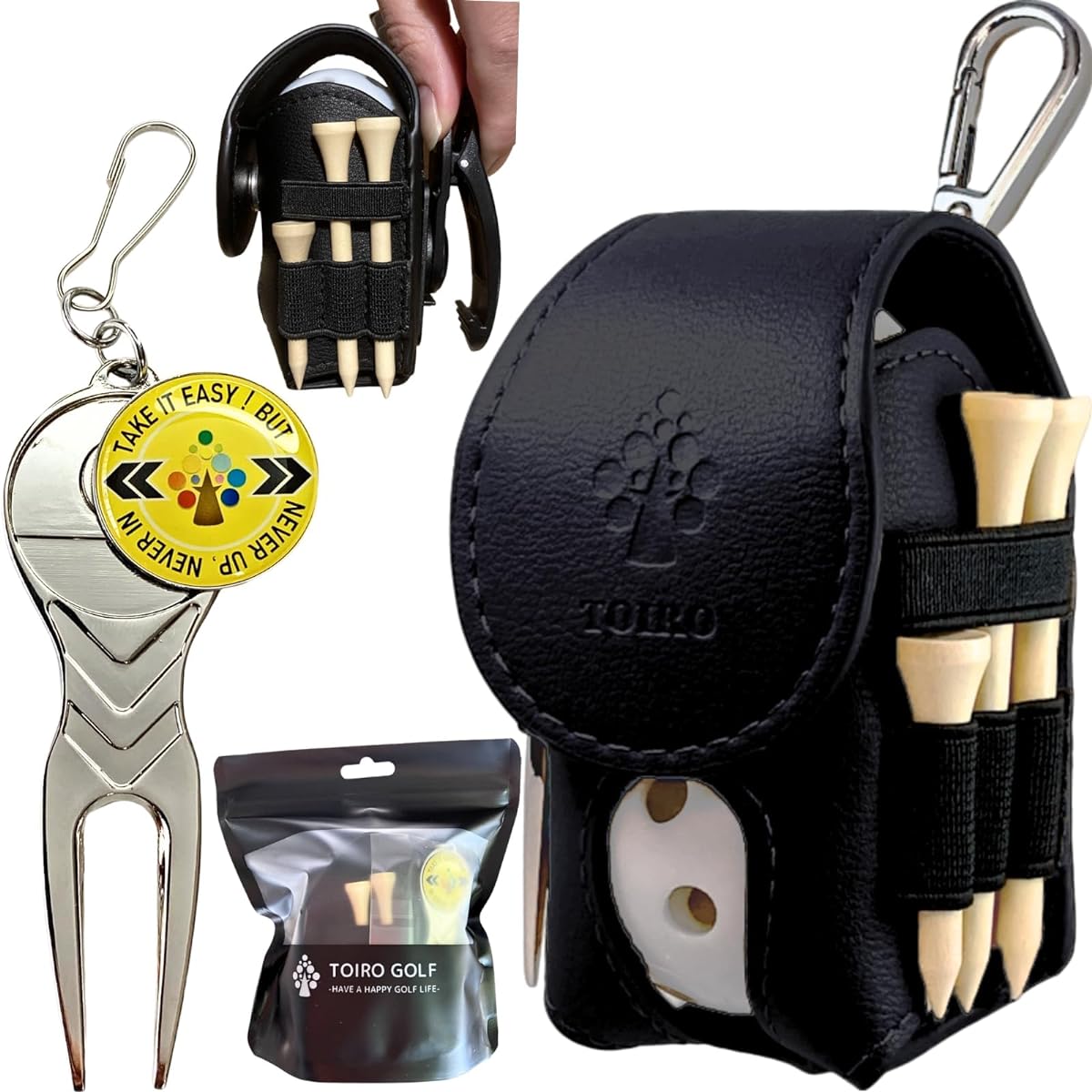 ToiroGolf Golf Ball Case [2024 Edition] Ball Pouch, 7 Colors to Choose from, Multifunctional, Green Fork, Golf Marker Included, Belt Clip Attached, Rotatable, Lightweight, PU Leather