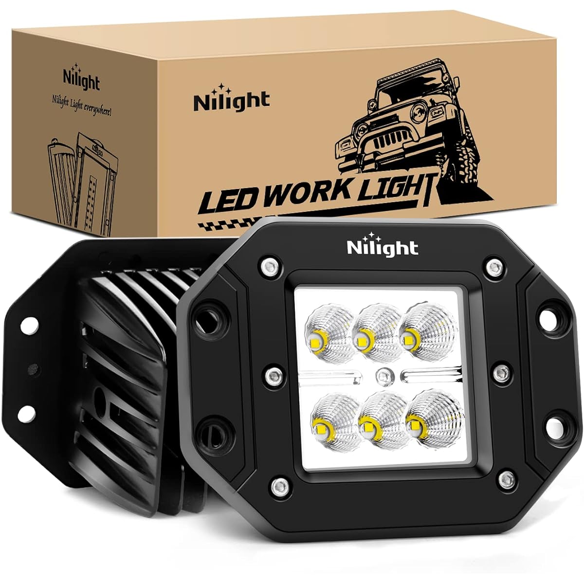 NILIGHT 2 pieces 18 W Flood LED Work Light Driving Light LED Light Bar Off Road LED Light Flash mount for Jeep Truck Tambam Bumper ATV UTV, 2 -year warranty