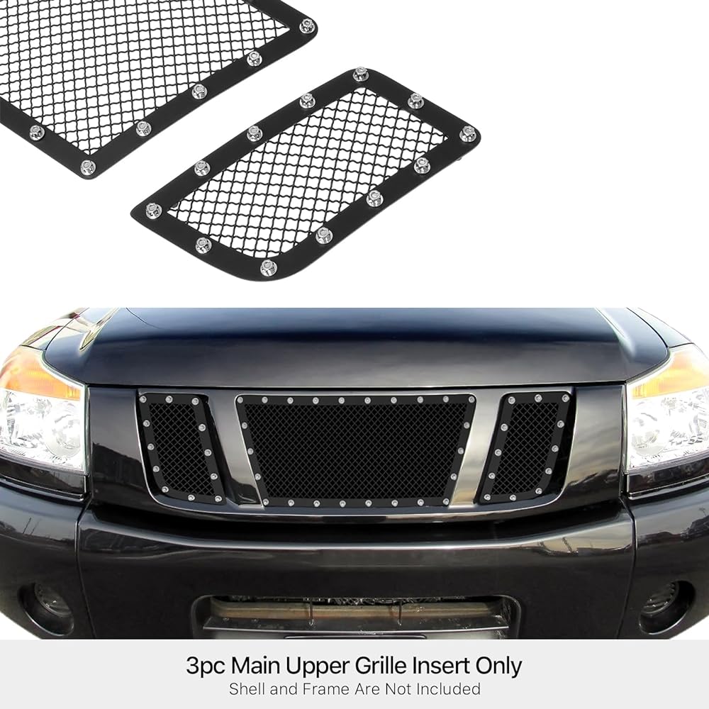 APS Nissan Titan 2008-2015 Main Upper Stainless Steel Black Mesh Rivet Grill Insert NL6520H