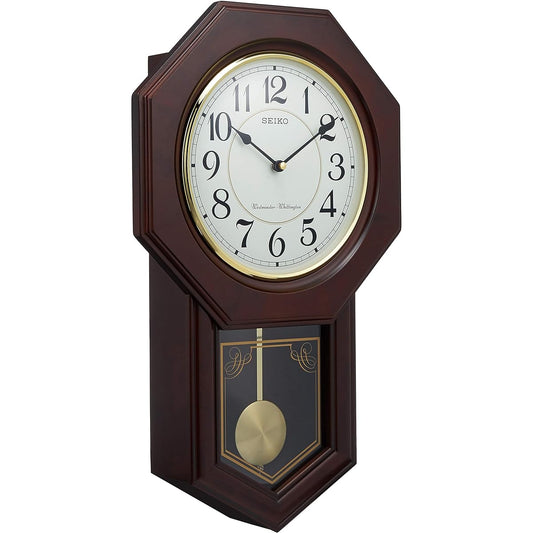 Seiko Clock Wall Clock Analog Time Selectable Chime & Strike Decorative Pendulum Octagonal Long Wooden Frame Dark Brown Wood RQ325B