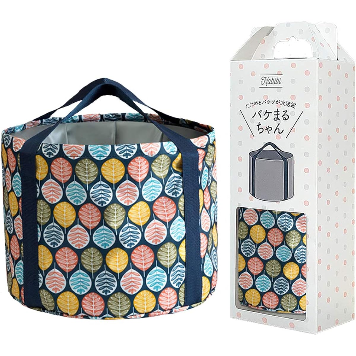 Habibi Bakemaru-chan Folding Bucket Large Capacity Foldable Portable Outdoor Camping Fishing Car Wash Disaster Prevention Footbath Storage Bag Included 25L Leaf Dot