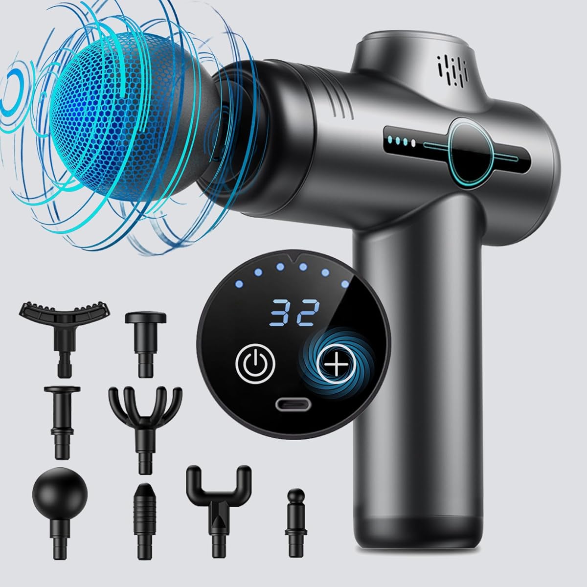 Spre kayou Myofascial Release Gun, Myofascial Release Gun, 32 Levels of Strong Vibration + 8 Heads Included, Muscle Relax, Handy Gun, 3,600 Times Per Minute, LCD Touch Control, 2,000 mAh, Large