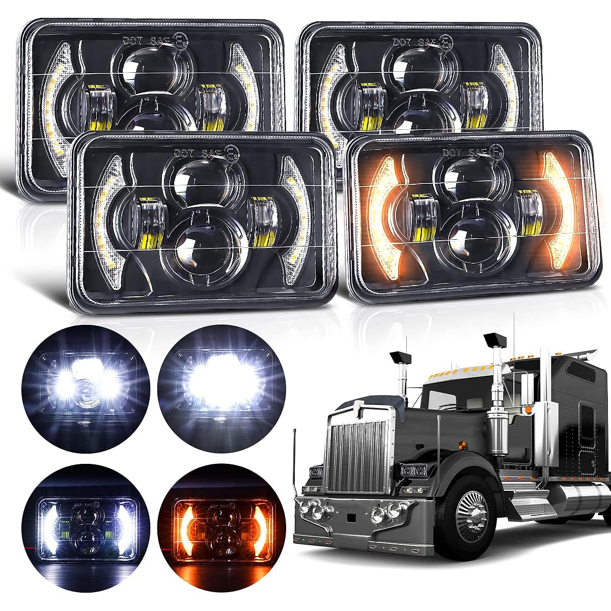 LEDUR 4X6 LED headlights 4 pieces HI/LO DRL Signal Black Track Rectangular LED headlight replacement parts H4652 H4656 H4656 H6545 KENWORTH FREIGHTLINE.