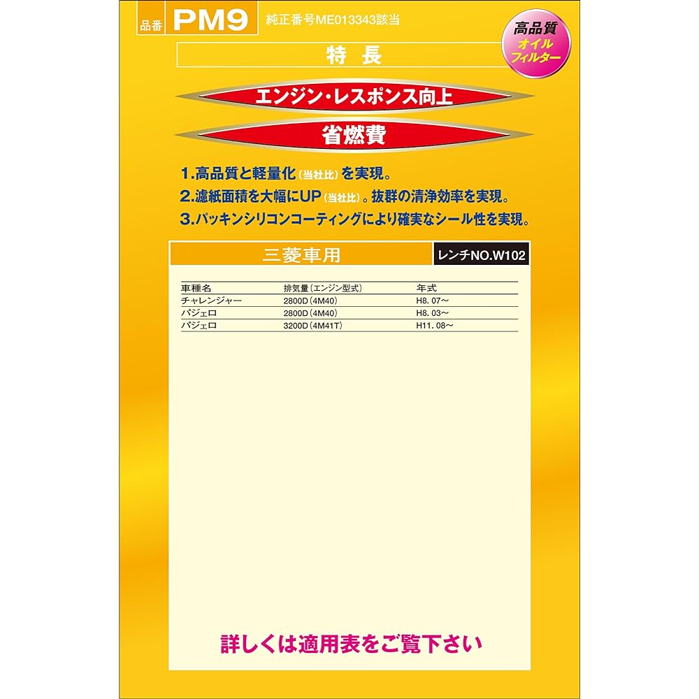 PIAA Oil Filter Oil Element [Adopts small wide pleats developed by our company] 1 piece [For Mitsubishi cars] Challenger Pajero_etc. PM9