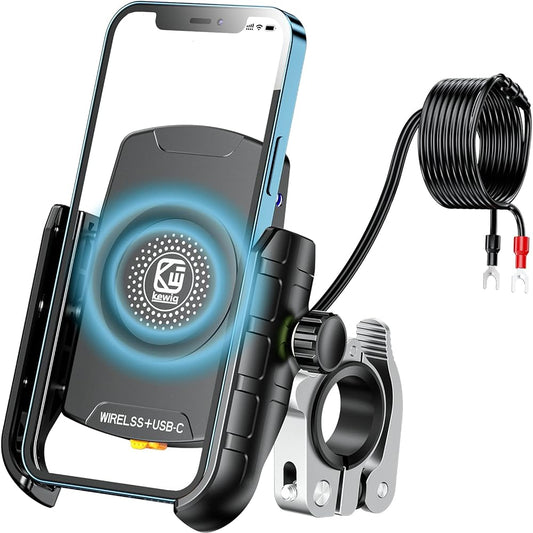 Kewig Motorcycle Phone Mount Wireless 15W & USB C 20W Dual Charger Anti-Vibration Motorcycle Phone Holder Aluminum Alloy Handlebar Mount Base Compatible with 4-7.9 inch Cell Phone