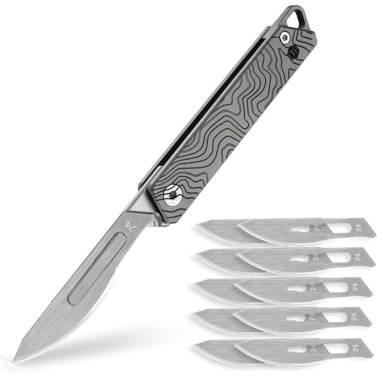 KeyUnity KK02 Titanium Knife, Folding Knife, Small Folding Knife, Design Knife, EDC Knife, Titanium Alloy, Open with One Hand, Includes 24 Replaceable Blades, Replaceable Blades, Outdoor, Home, Gift, 2 Colors (Suminagashi)