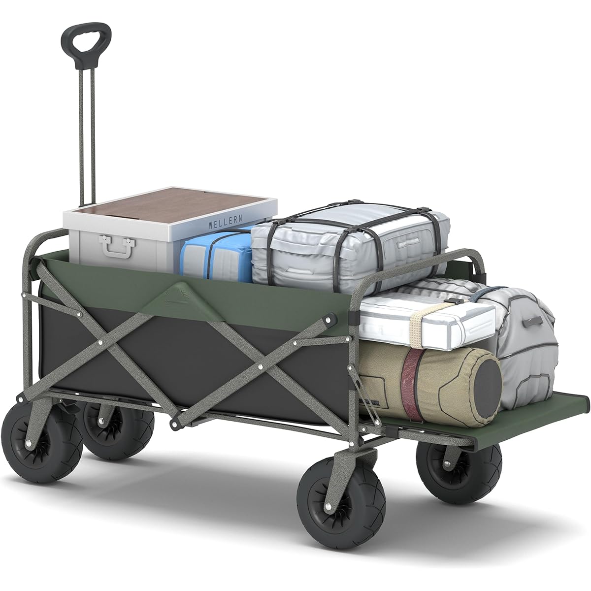 NEKOU Carry Wagon Outdoor Wagon Compatible with Long Items Camping Cart 120L Load Capacity 120kg Large Capacity Camping Trolley Folding Large Tire Outdoor Carry Camping Wagon Lightweight Compact Storage Black Green