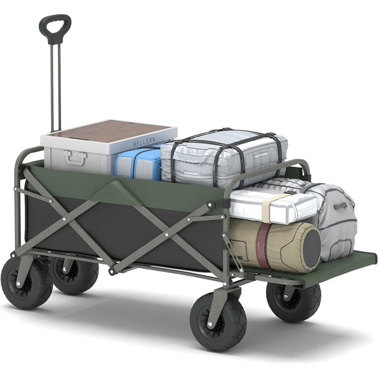 NEKOU Carry Wagon Outdoor Wagon Compatible with Long Items Camping Cart 120L Load Capacity 120kg Large Capacity Camping Trolley Folding Large Tire Outdoor Carry Camping Wagon Lightweight Compact Storage Black Green
