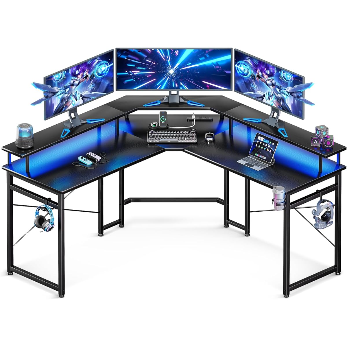 ODK Gaming Desk L-shaped Computer Desk L-shaped Desk Desk Width 129 with Outlet PC Desk L-shaped Desk Storage Corner Desk Office Desk for Work from Home Easy to Assemble Black