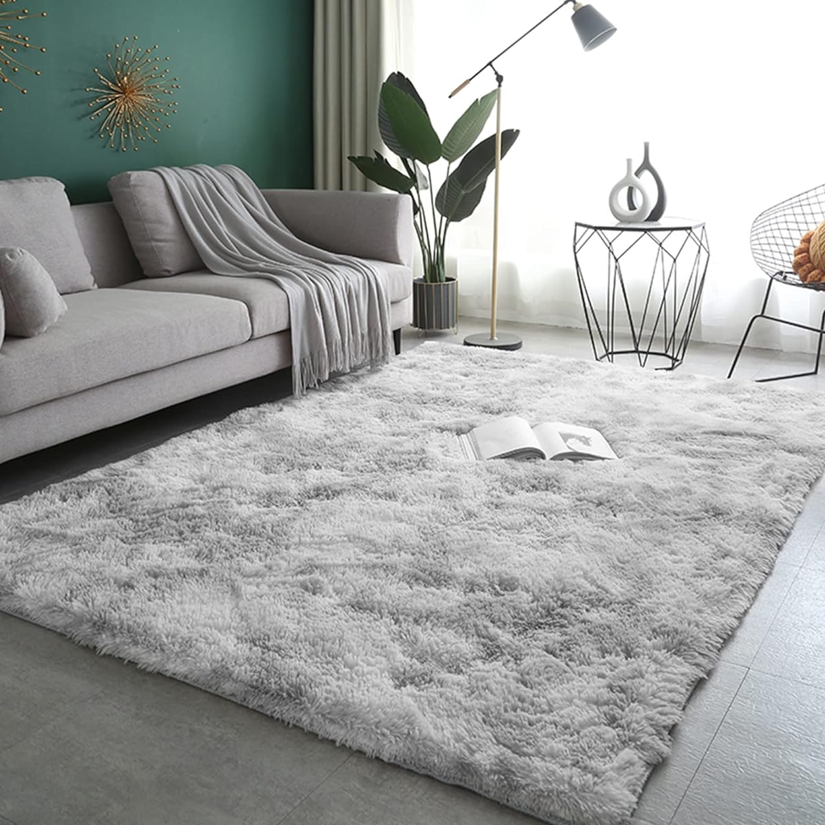 Rug carpet 120x160cm Total thickness approx. 5.5cm Stylish Scandinavian style shaggy rug Extra thick urethane foam 15mm Washable rug Non-slip Soft to the touch Soundproofing carpet Comfortable to use all seasons Rectangular ROCYJULIN (light gray approx.