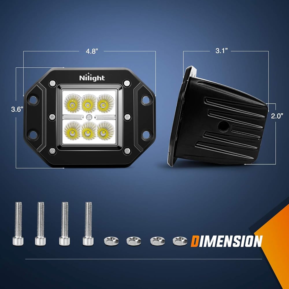 NILIGHT 2 pieces 18 W Flood LED Work Light Driving Light LED Light Bar Off Road LED Light Flash mount for Jeep Truck Tambam Bumper ATV UTV, 2 -year warranty