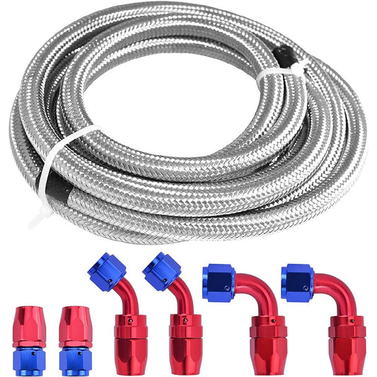 6AN 12ft Universal Braided Oil Fuel Line Hose Stainless Steel Fuel Hose 6pcs AN6 Hose Fitting Kit