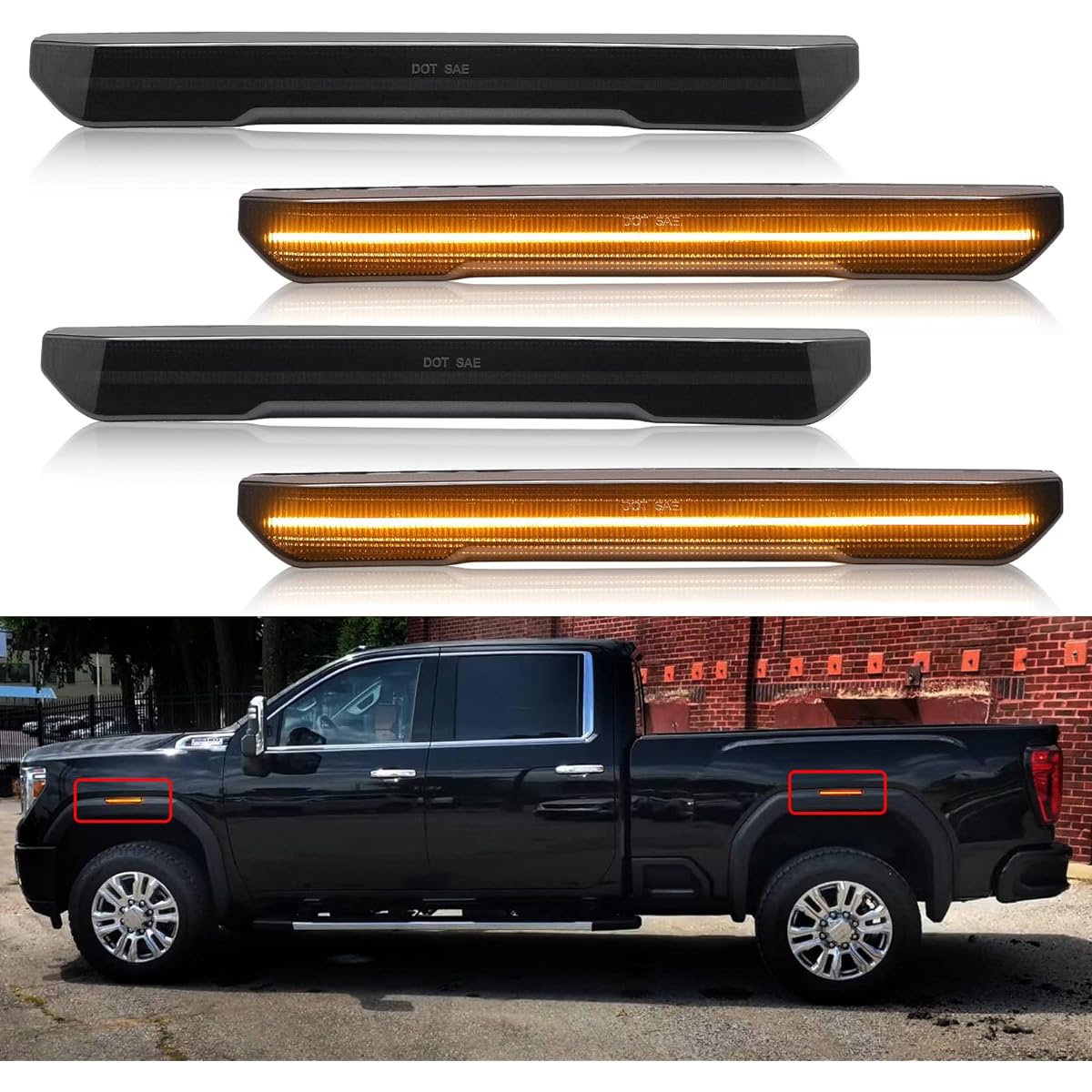 R & F Auto Amber Moke Lens LED Side Marker Light Replacement 4 Sierra 2500HD 3500HD 2020-2024 Pickup Track Amber Front Rear Fender Side Marker Ride seat lamp