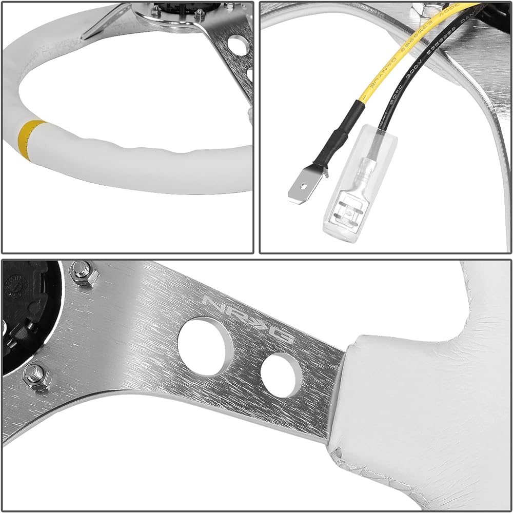 NRG Handle -Deep Dish -350mm (13.78 inches) - White Stitch on White Leather -Yellow Center Marking -Part Number ST -WT -Y by NRG Innovations