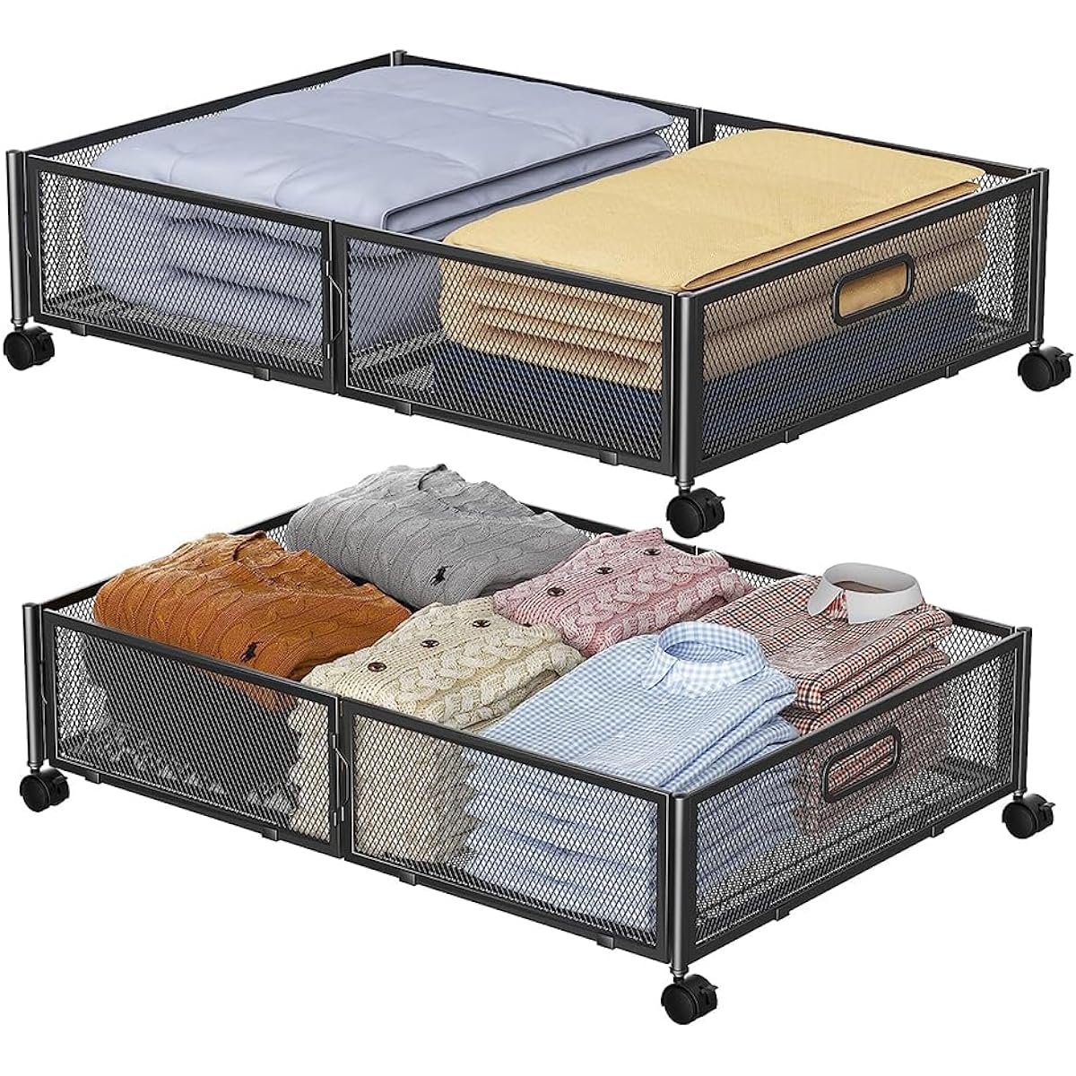 Under-bed storage box, 2-piece set, with casters, storage case, futon bag, space utilization, handle