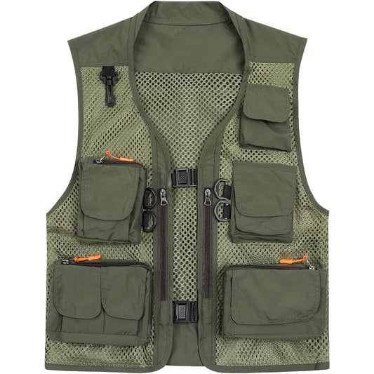 [AOWOFS] Men's Mesh Vest, Buckle Type, Convenient Outdoor Vest, Summer, Lightweight, Breathable, Multifunctional Photographer's Vest, For Fishing, Photography, Work, Thin, Shooting, Mountain Climbing, Multi-Pocket, Outdoor, Large Size