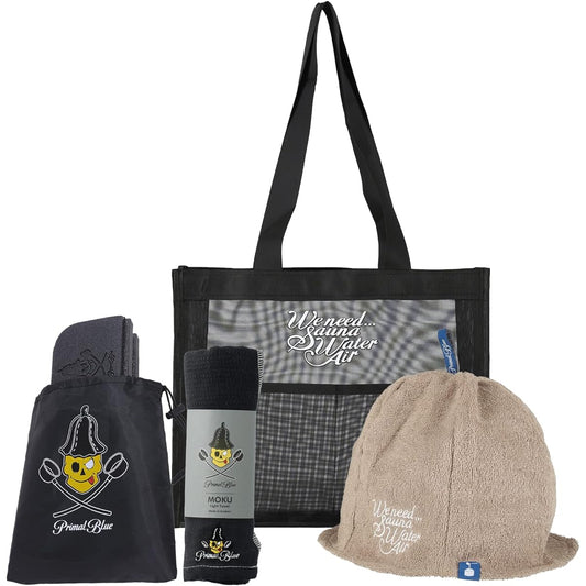 PrimalBlue Sauna Set, Sauna Hat, Sauna Mat, Sauna MOKU, Mesh Tote Bag, Sauna, Gym, Easy to Carry, Beginner's Set, Skull, Beginner's Set