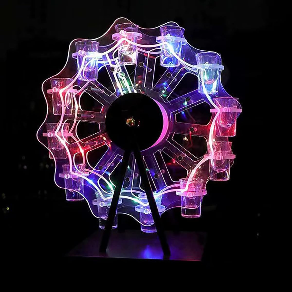 Tequila Ferris Wheel with LED Colored Lights Stylish Tequila Ferris Wheel Acrylic Stylish Shot Glass Rack [Shot Glasses Not Included]
