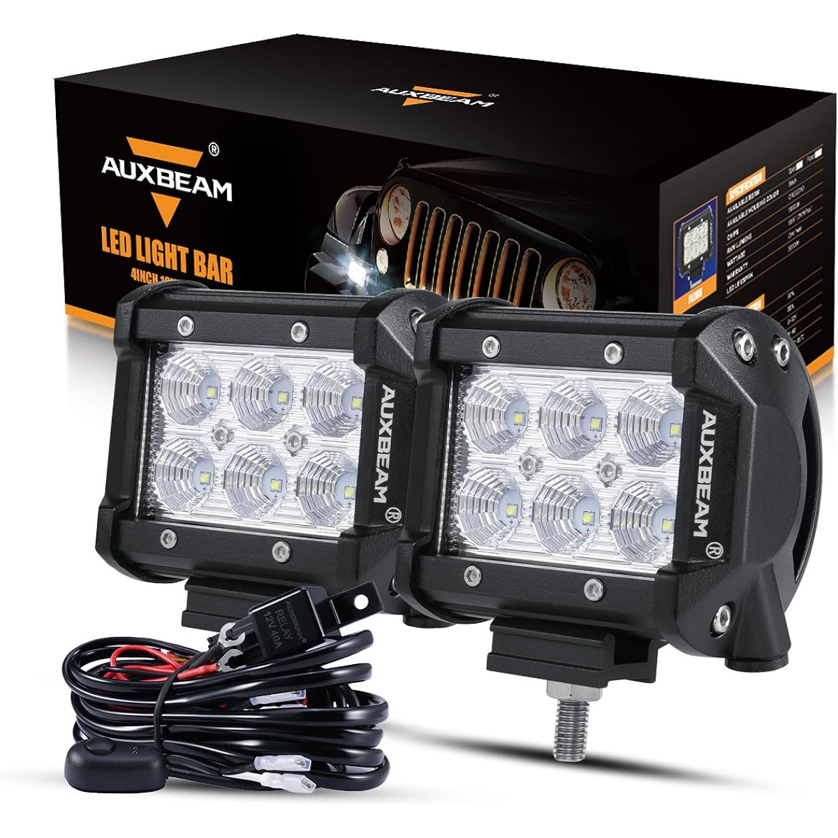 AUXBEAM 4 inch LED Pod 18W LED Light Barfrad Beam LED Off -Road Driving Light Wiring with harness SUV ATV UTV Track Pickup Lamp (2 packs)