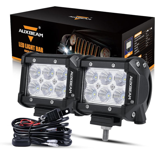 AUXBEAM 4 inch LED Pod 18W LED Light Barfrad Beam LED Off -Road Driving Light Wiring with harness SUV ATV UTV Track Pickup Lamp (2 packs)