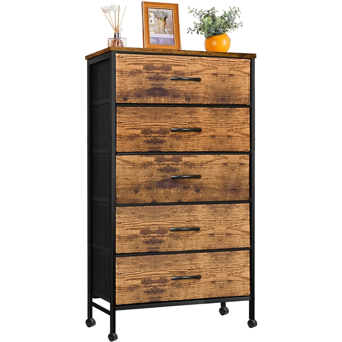 Chest of drawers, storage, wide, 5 tiers, fabric, drawers, wooden top, width 60 x depth 40 x height 110 cm, easy assembly, clothes chest, clothes chest, with casters, 2 year warranty