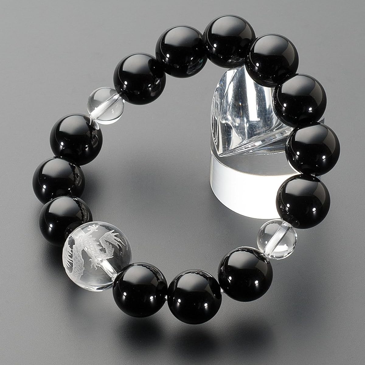 Buddhist Altar Shop Takita Shoten Specially Selected Bracelet Prayer Beads Natural Stone Bracelet Black Onyx Dragon Carved Crystal 14mm Beads Inner Circumference Approx. 18cm◆ Prayer Beads Bracelet, Dragon, Large Beads, Prayer Bracelet, Amulet, Charm [Ce