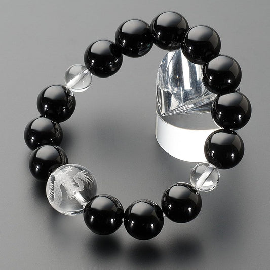Buddhist Altar Shop Takita Shoten Specially Selected Bracelet Prayer Beads Natural Stone Bracelet Black Onyx Dragon Carved Crystal 14mm Beads Inner Circumference Approx. 18cm◆ Prayer Beads Bracelet, Dragon, Large Beads, Prayer Bracelet, Amulet, Charm [Ce