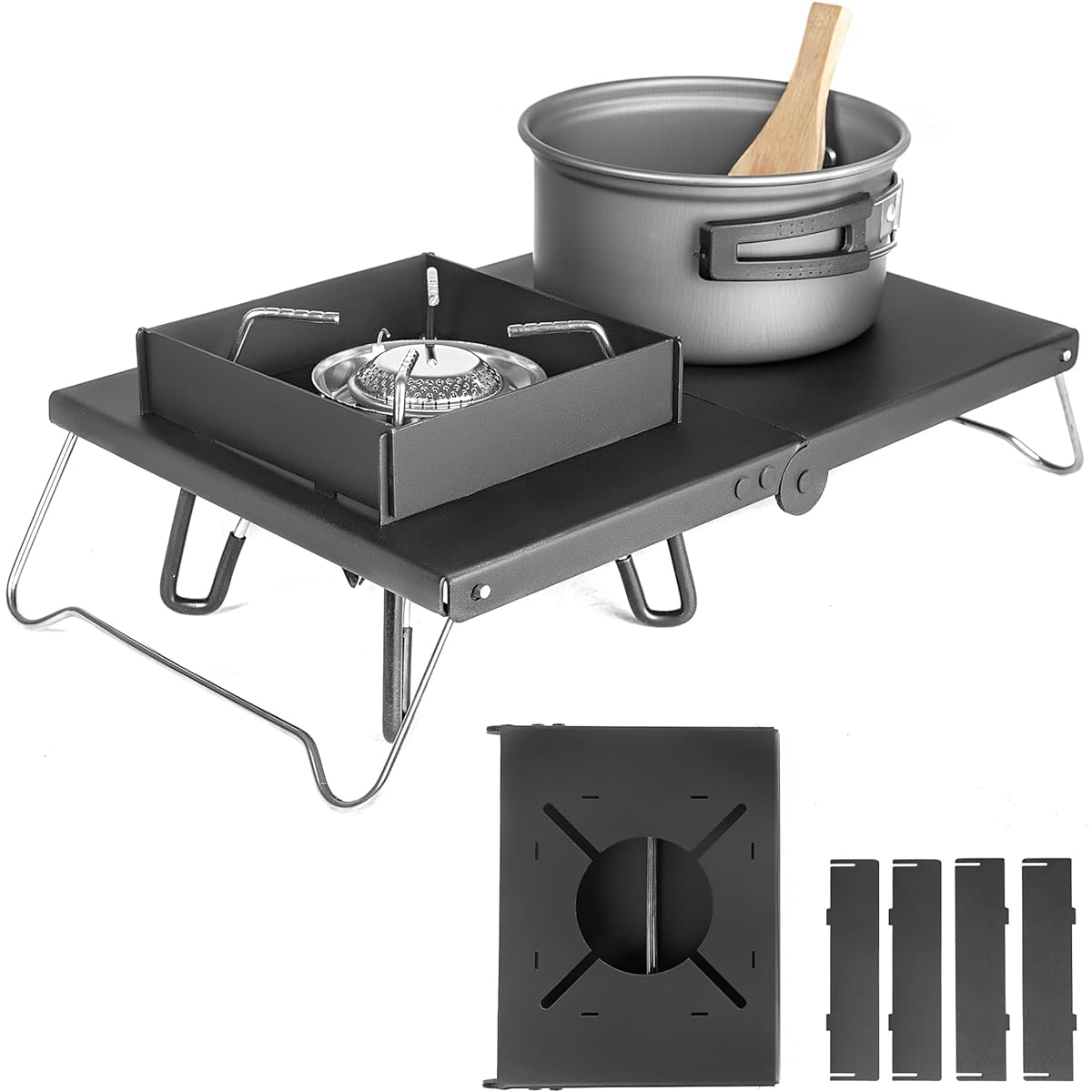 Vancroser Burner Mini Table, Heat Shield Table with Windshield, Heat Shield Board for Single Burner, Black Heat Shield Table, Lightweight, Foldable, Stainless Steel Heat Shield Table ST-310 ST-330 ST-340 Iwatani Junior Burner Micro Camping Stove Heat Shi