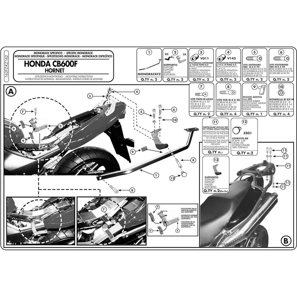 GIVI Motorcycle Top Case Fitting for Monokey/Monorock Compatible with Hornet 600/S (98-02) Hornet 250 (96-07) 162FZ 94017