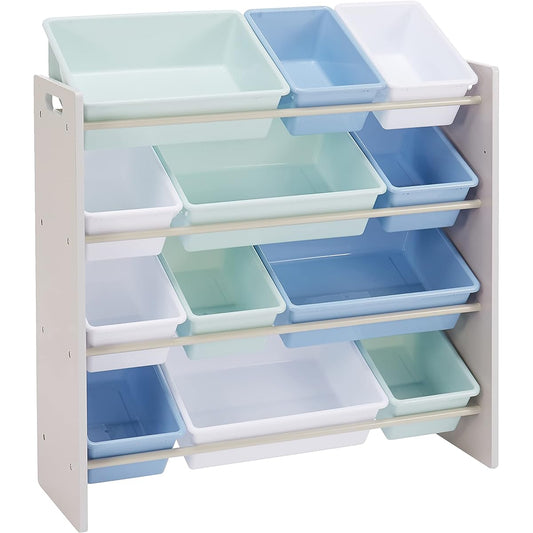 Toy Storage Case for Children, Plastic Case, 12 Pieces, 85 x 28 x 79 cm, Blue & Gray Wood