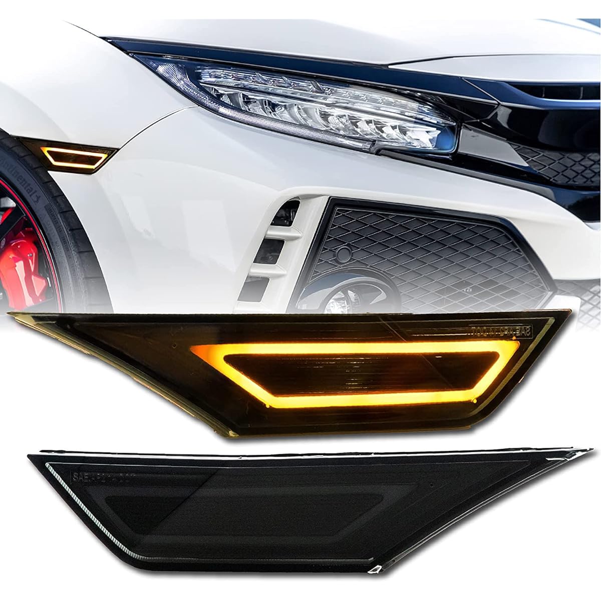 USR UNIQUE STYLE RACING DEPO 10th generation Civic side marker 911 Carrera style LED light bar front bumper lamp 2016-2021 Honda Civic Coupe Sedan Hatchback All models (Smoke Lens Amber LED)