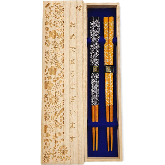 Couple chopsticks, leaf, navy blue, yellow, dishwasher safe, with design paulownia box and wrapping, gift for celebrations, wedding gifts, wedding anniversaries, birthdays [143]