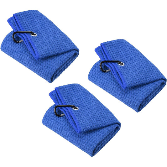 PATIKIL 60 x 40 cm Tri-Fold Golf Towel 3 Pieces Waffle Pattern Towel Soft Fiber Strong Absorption with D Clip for Golf Enthusiasts Dark Blue