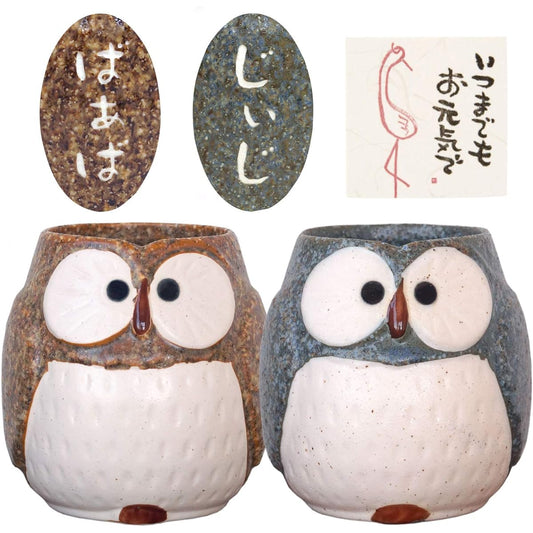Kizamu Fukukuru Owl Owl Hot Water Cup Pair Gift Jiji Grandma (Gray x Brown)