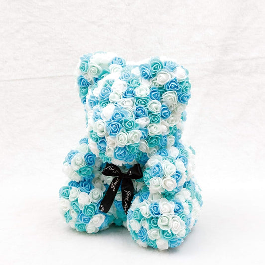 Artificial flower bear rose blue/white in clear case