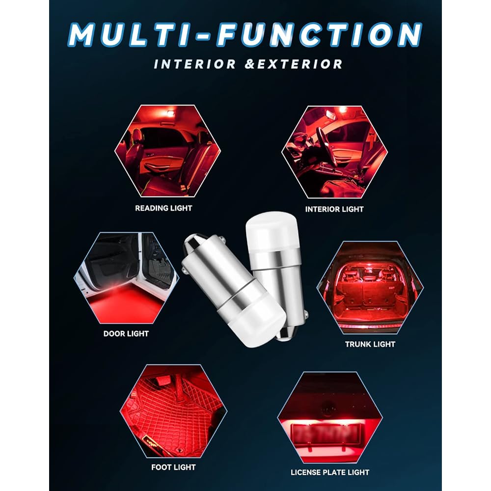 Keiurot 1895 LED bulb 1893 1893 1816 53 57 Light bulb BA9S LED bulb AC/DC 12V Indicator Light Car Dome Map Trunk Numbers Plate Carta System Light Red 10 Packs