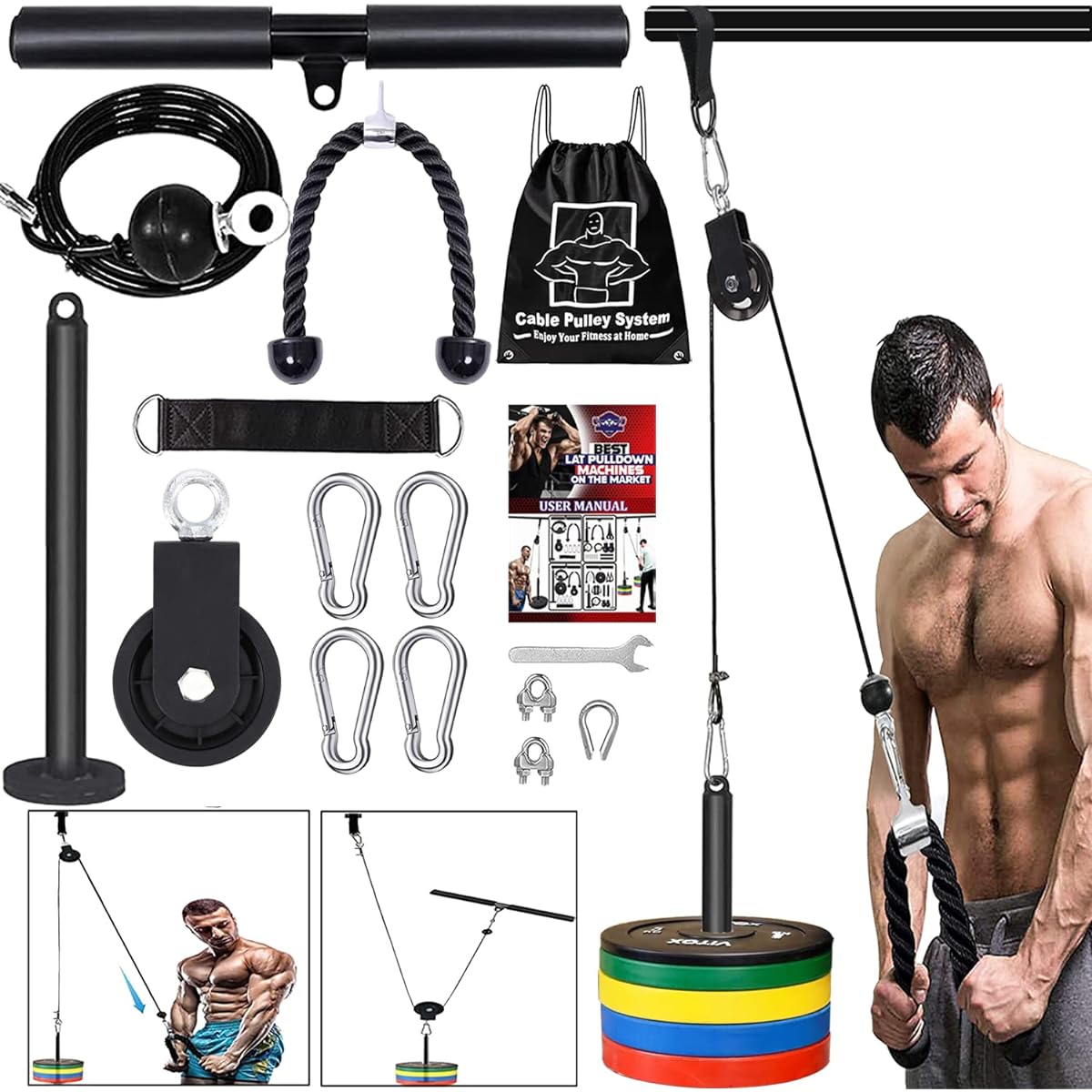 Pulley Cable Machine LAT Lat Pulldown Cable Training Equipment Professional Muscle Strengthening Fitness Equipment Men Women Forearm Wrist Roller Trainer Fitness Equipment Heavy Duty Pulley System with LAT