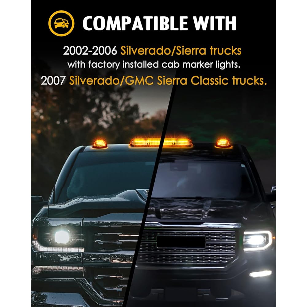 PARTSAM 3 set 30LED Cab Marker Roof Running Light Assembly Silverado/Sierra 1500 1500HD 2500 2500HD 3500 2002-2007 Compatible with track light + wiring pack