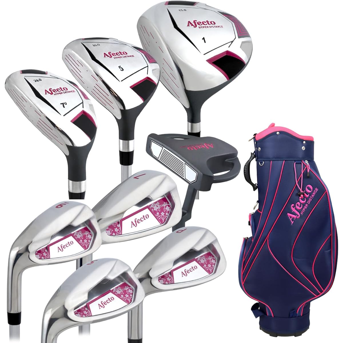 Afecto Women's Golf Lefty Club Set for Left-Handed, 8 Piece Set with Selectable Caddy Bag (1W/5W/7U/7I/9I/PW/SW/Putter) L Shaft