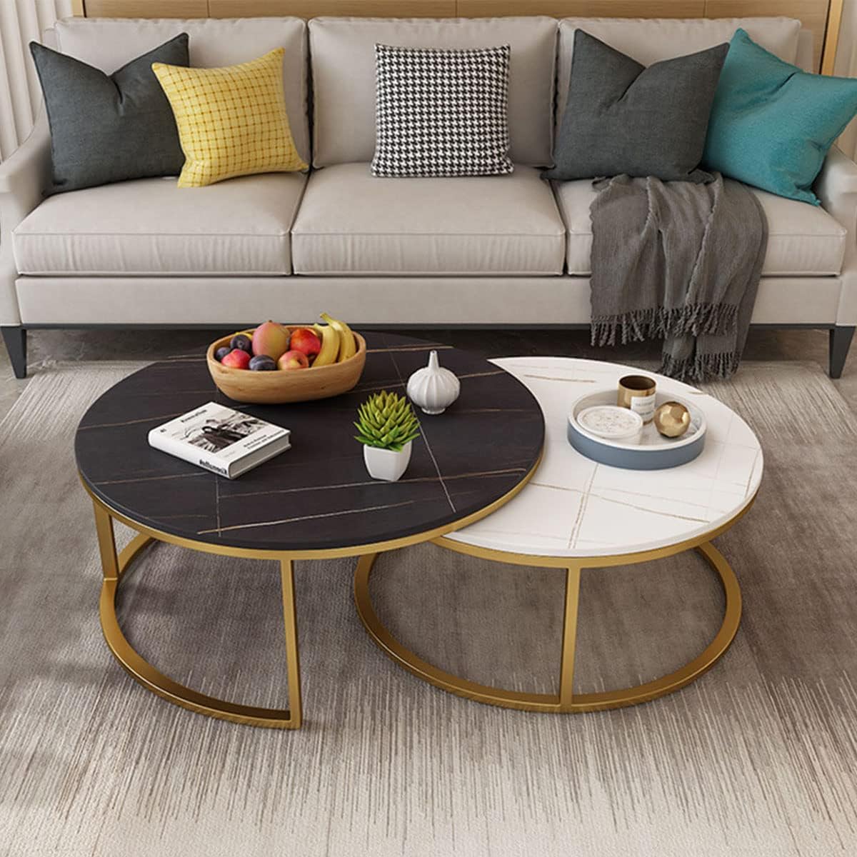 VeroMan Rock Board Living Table Coffee Table 2 Piece Set Gold Marble Combination Stacking 2way (70cm & 50cm, Black x White)