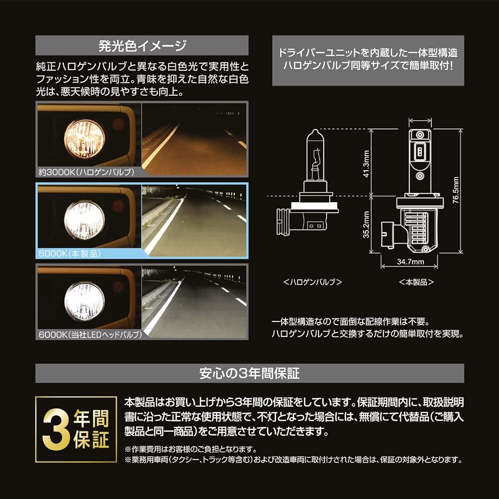 Carmate GIGA Car LED Headlight C3600 5000K Same size as halogen bulb [Vehicle inspection compatible / 3 year warranty] Easy to see white light H8 H9 H11 H16 BW567