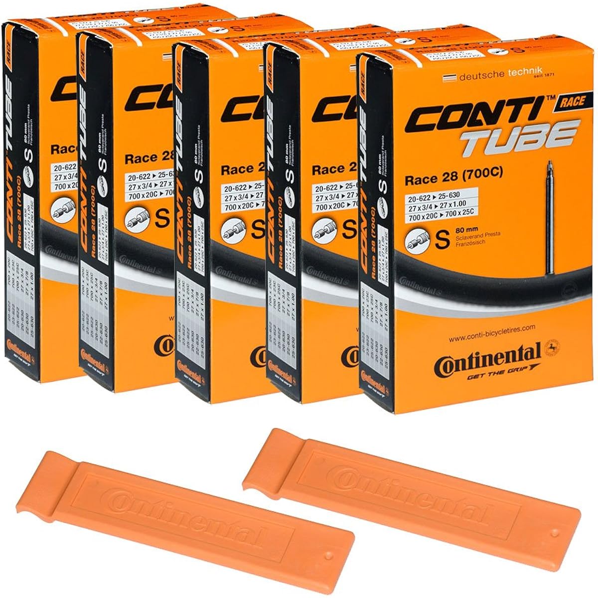 Continental Bicycle Race Tube 28 700x20-25 S80 Presta Valve 80mm Bicycle Tube Super Value Bundle (Pack of 5 Conti Tubes & 2 Conti Race Tire Levers) [Parallel Import]