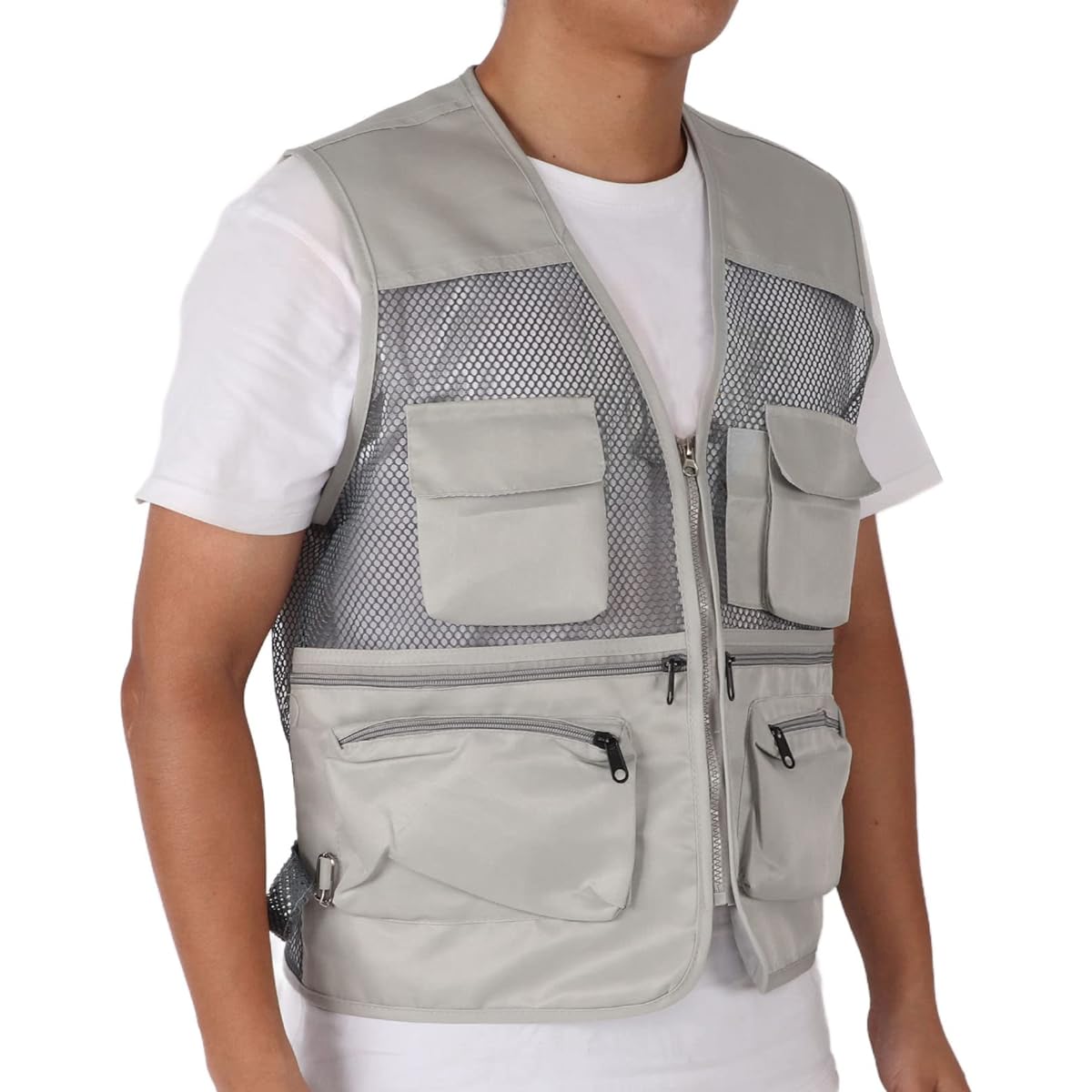 Entatial Fishing Vest, Outdoor Vest Mesh, Comfortable Polyester Card Fabric, Suitable for Various Activities such as Fishing, Photography, Hunting, Traveling (L, Light Gray)