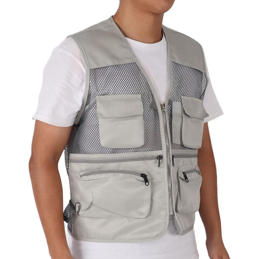 Entatial Fishing Vest, Outdoor Vest Mesh, Comfortable Polyester Card Fabric, Suitable for Various Activities such as Fishing, Photography, Hunting, Traveling (L, Light Gray)