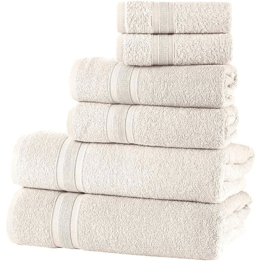 All Design Cream Bath Towel Set - Quick Drying Soft Highly Absorbent 100% Cotton Towels for Bathroom, Guests, Pool, Gym, Camping, Travel, College, Dorm (Set of 6 Towels, Ivory Lace)