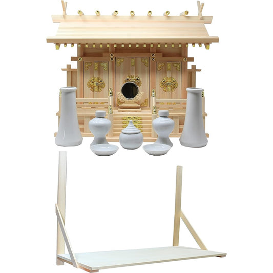 Matsuyama Shinto Buddhist Altar Shop, Shinto Altar, Through Roof Sansha, Small Shinto Shrine, Shinto Mirror, Shelf Set, Cloud Seal Included, Made in Japan, Japanese Cypress, Cypress, Width 54cm, Height 37cm, Depth 18cm