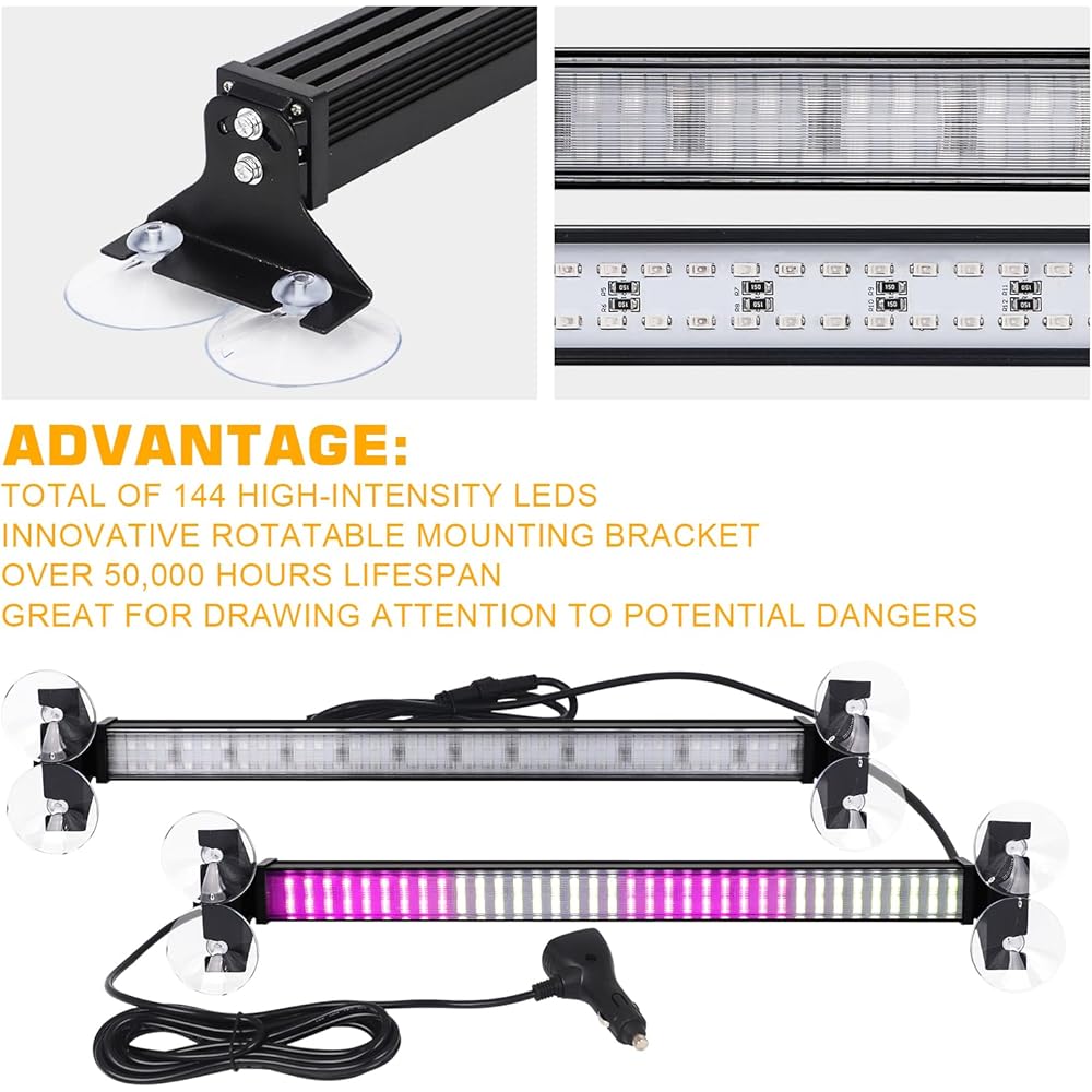 XRIDONSEN 2x17.7 inch Purple White White Emergency Strobe Transportation Advisor Light Bar 144 LED Warning Safety Interior Dash Dash Dash Light Deck Sprit Mount Escort Light Escort Light Car For Truck Car